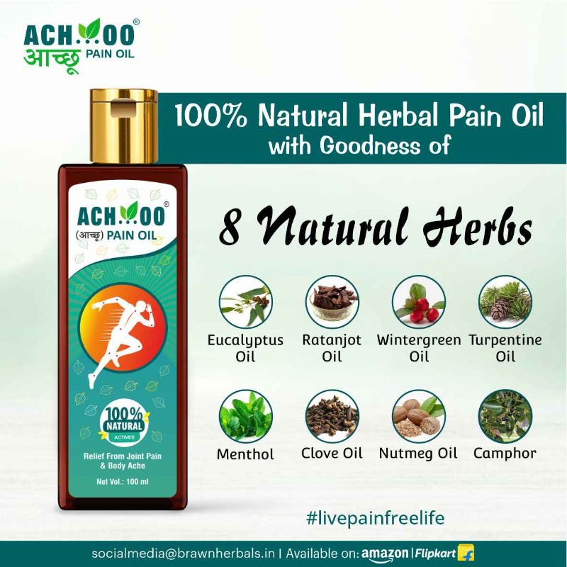 Achoo pain relief oil for painful knees, muscles, arthritis, brusitis, joint pain.